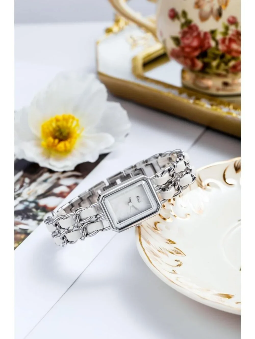 Women's Silver White Square Adjustable Chain Braid Band Quartz Retro Wrist Watch